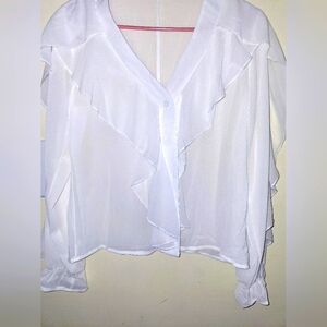 BEAUTIFUL NEW RUFFLED BLOUSE, SHEER, WEAR OVER A SHIRT. OR TANK. RUFFLES, CUTE !